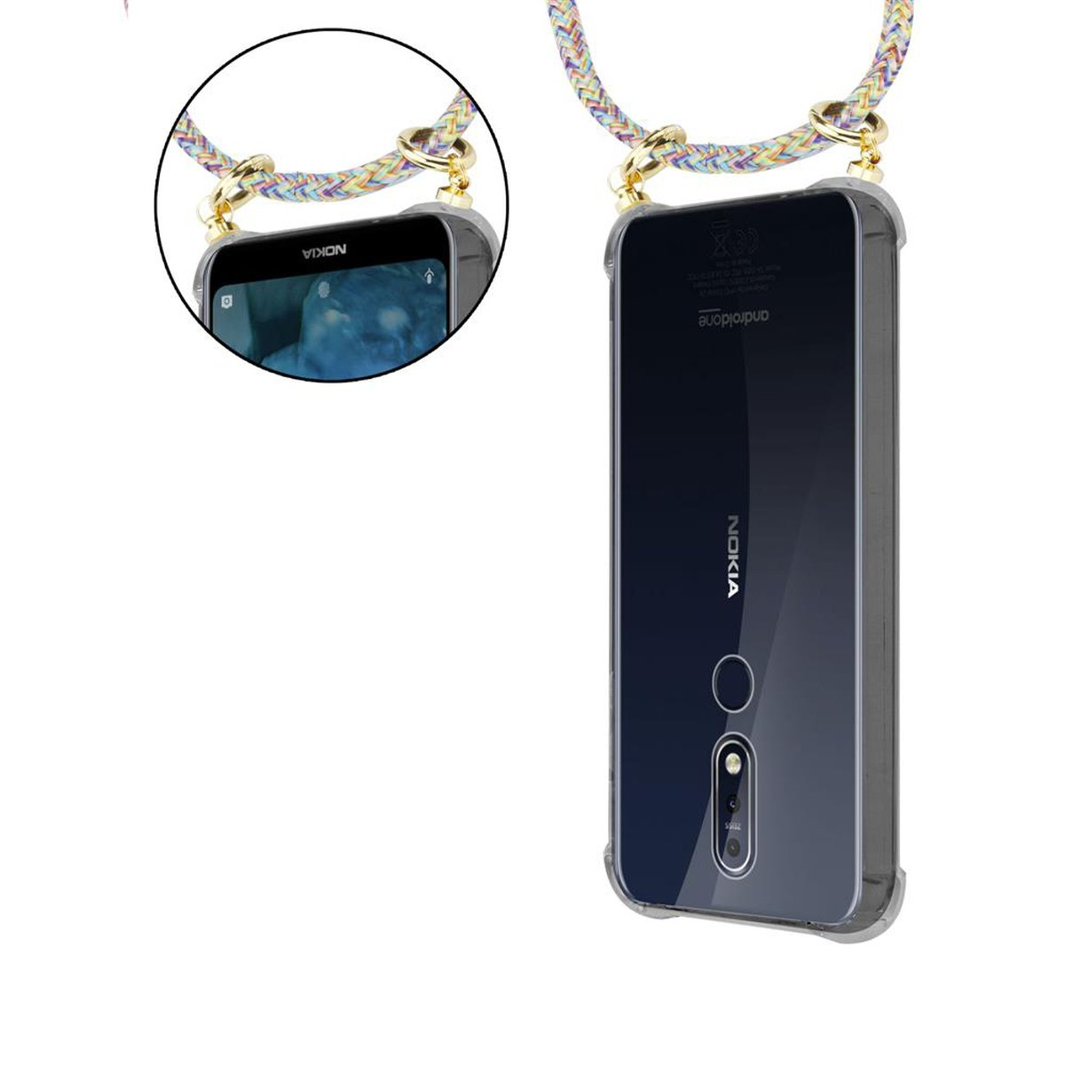 Telefon in Hülle mit Lanyard. Das Telefon ist sichtbar. Das Lanyard ist farbenfroh.