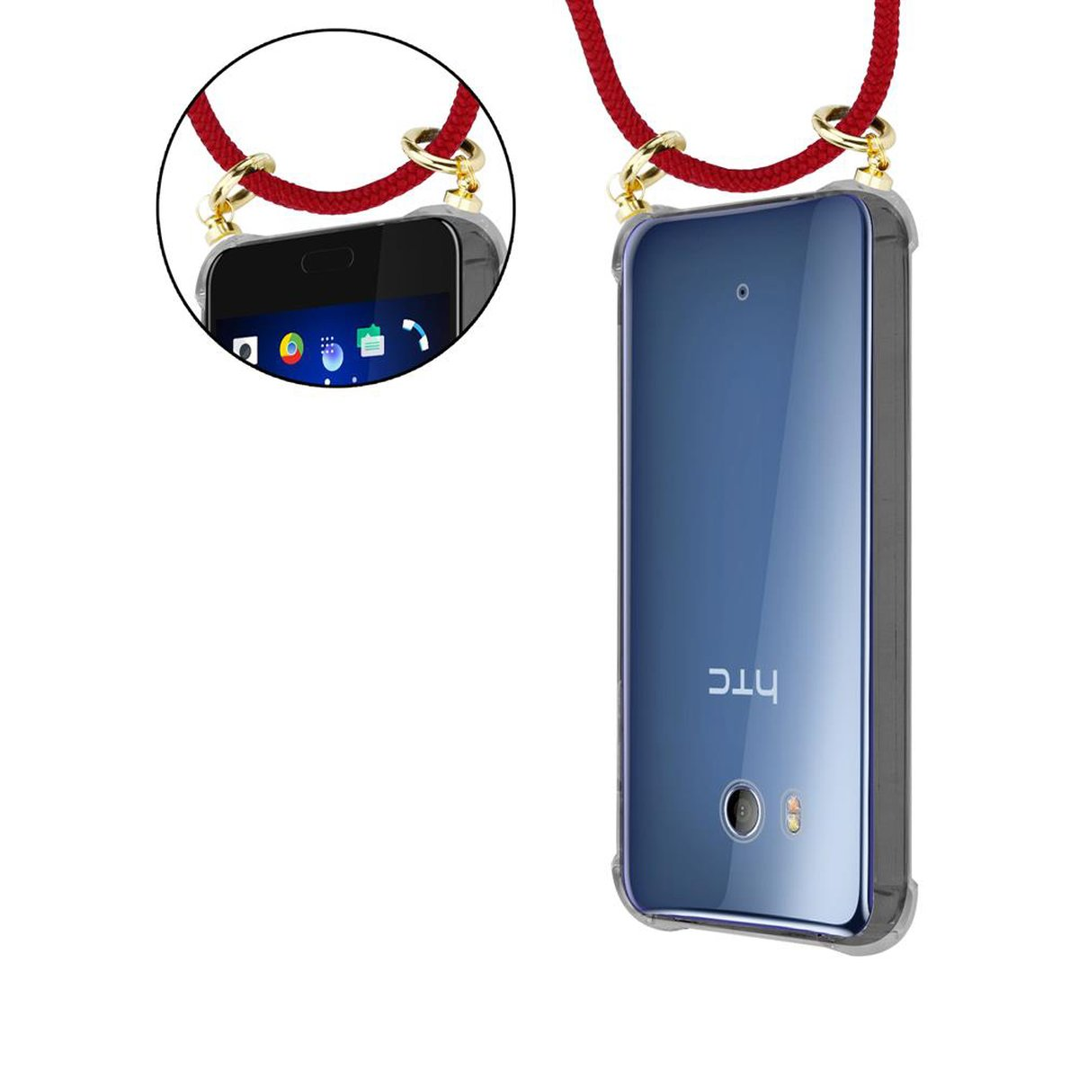 Telefon in Hülle mit Lanyard. Schwarzes Telefon, rotes Lanyard. Weißer HG.