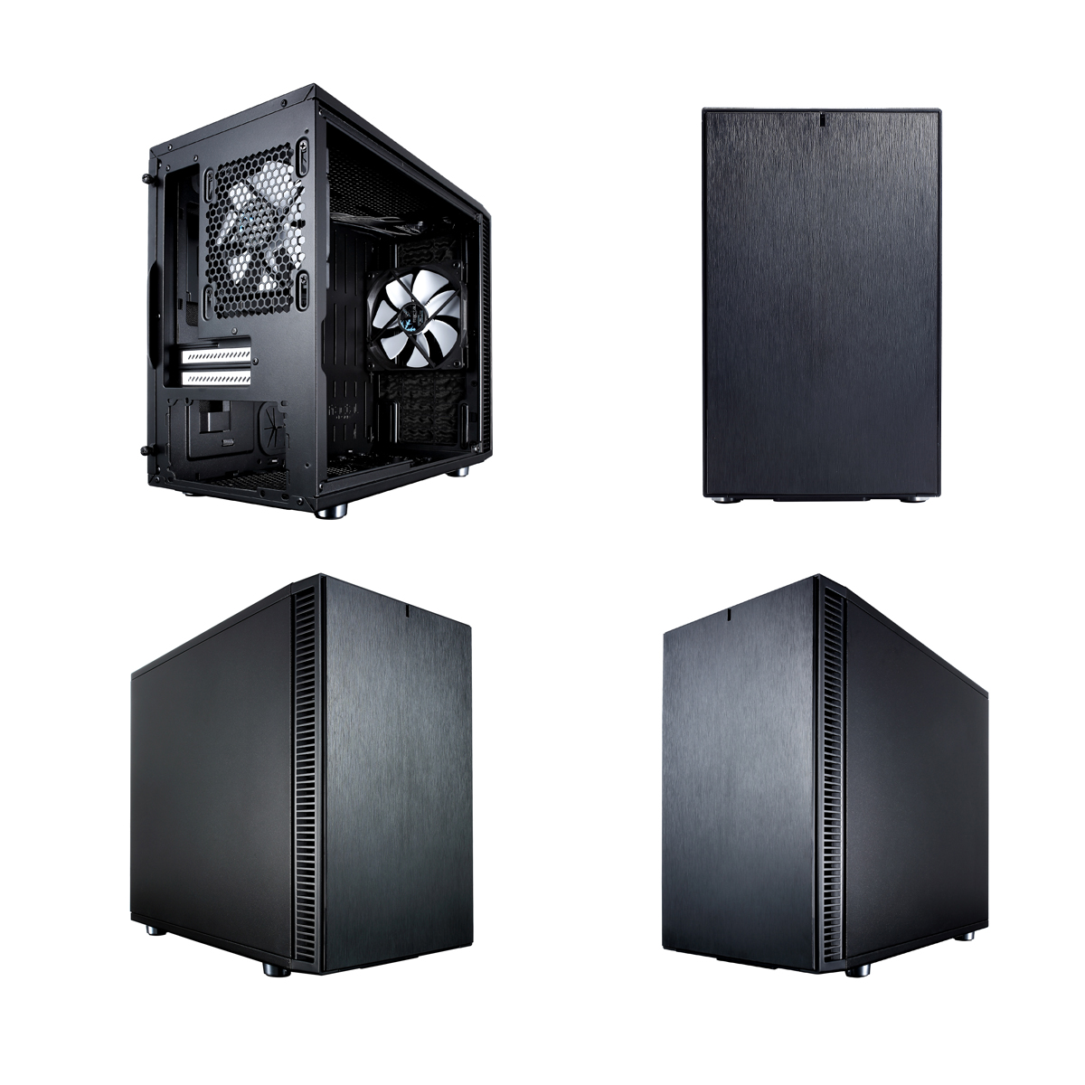 Cztery widoki czarnej obudowy komputera. Jeden otwarty, pokazujący wnętrze, oraz trzy zamknięte, z różnych kątów.