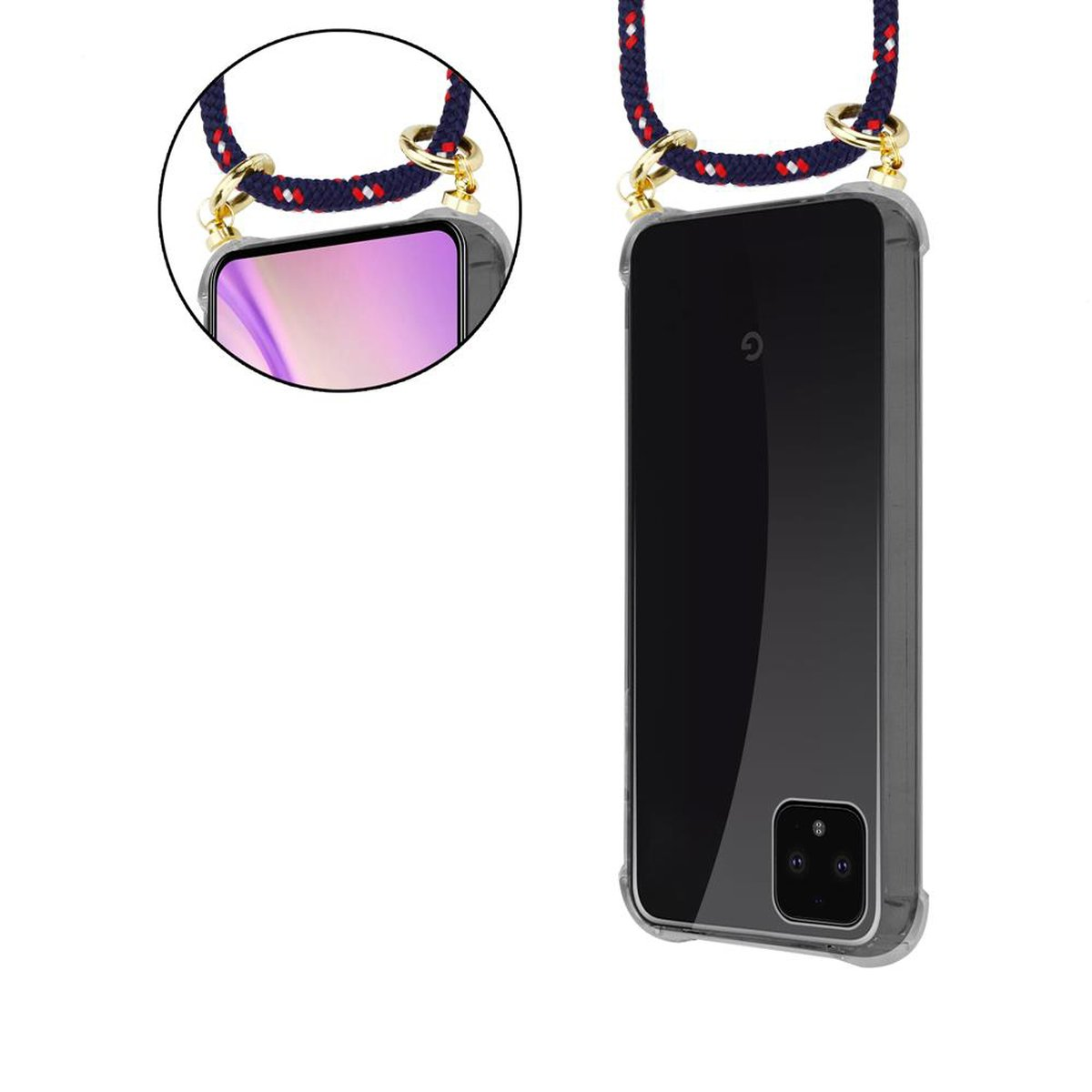Zwei Telefone in transparenten Hüllen mit blau-roten Kordeln. Eines ist ein Google Pixel.
