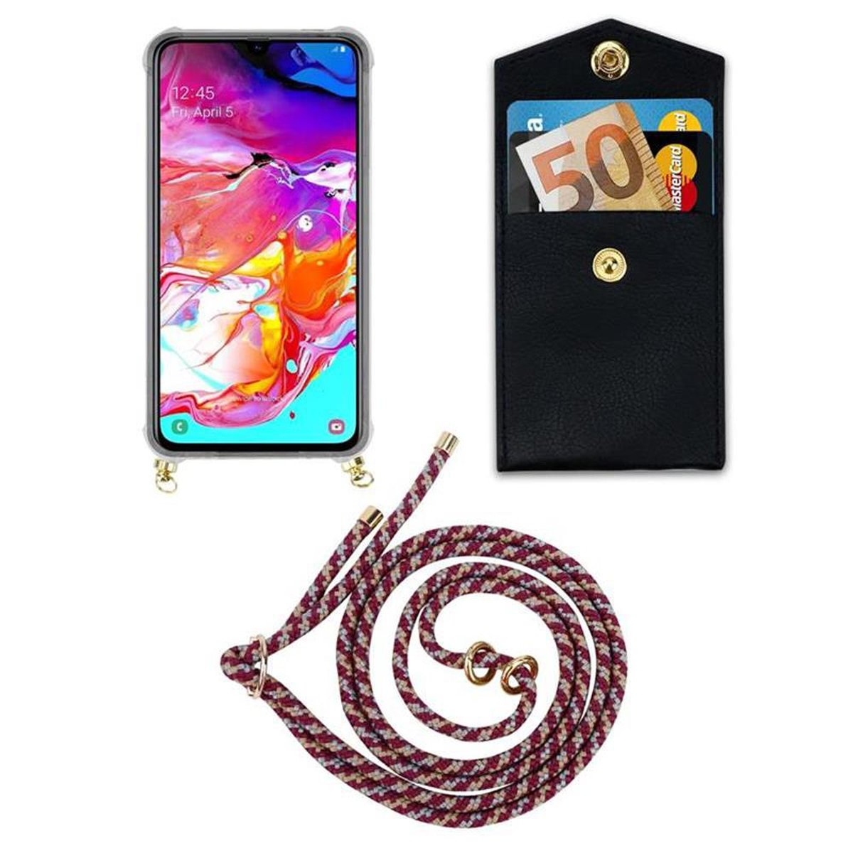 CADORABO Handy Kette mit Galaxy Kordel Hülle, und GELB Backcover, Gold Ringen, Samsung, ROT Band / A70s, A70 abnehmbarer WEIß