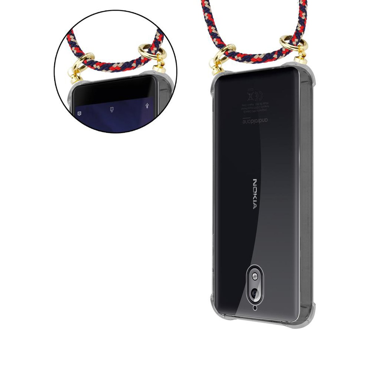 Zwei Telefone in Hüllen mit Lanyards. Das vordere Telefon hat einen Bildschirm, die Rückseite ist schwarz mit Nokia-Logo.