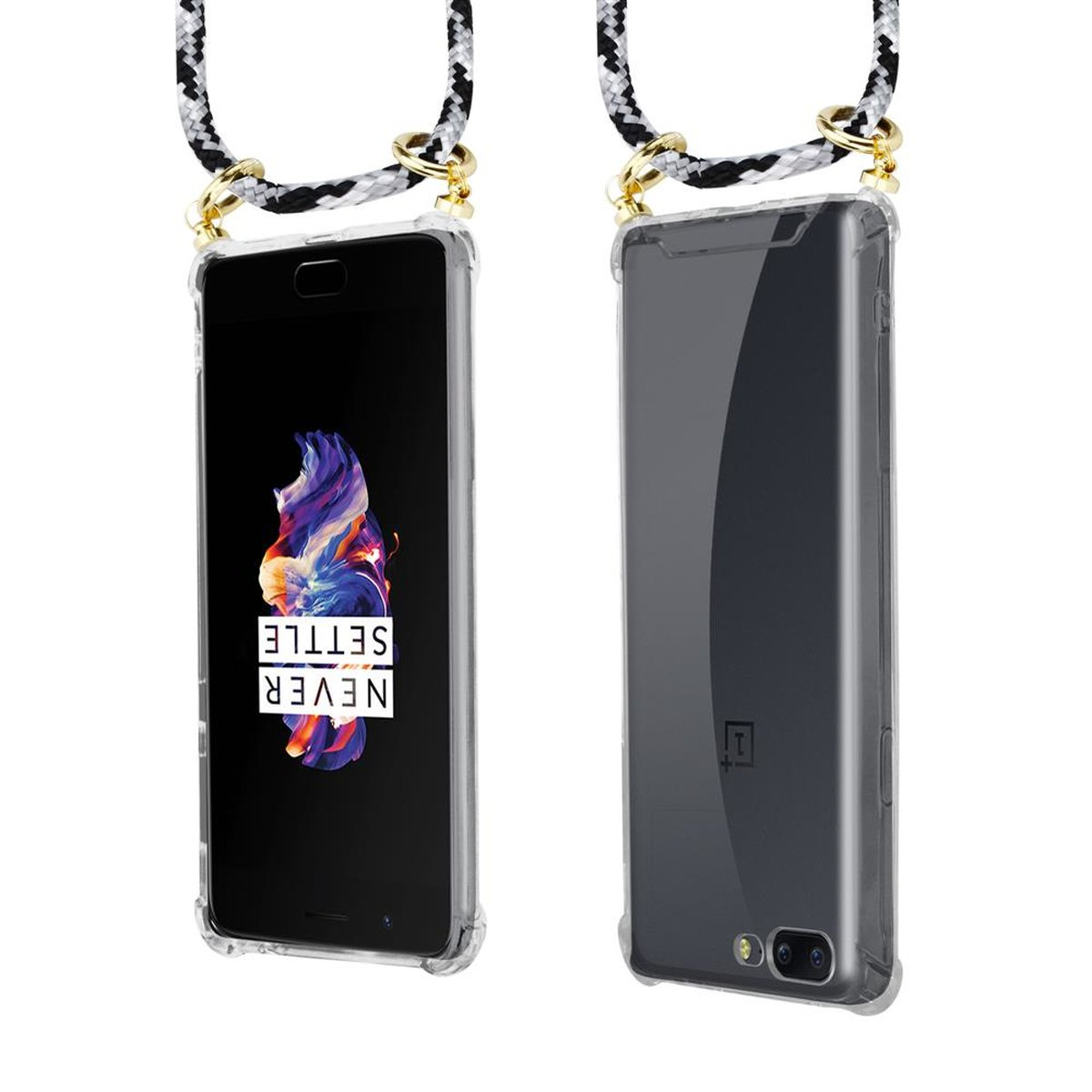 mit OnePlus, Handy Backcover, Kordel Gold Band abnehmbarer Ringen, Kette SCHWARZ Hülle, CAMOUFLAGE und CADORABO 5,