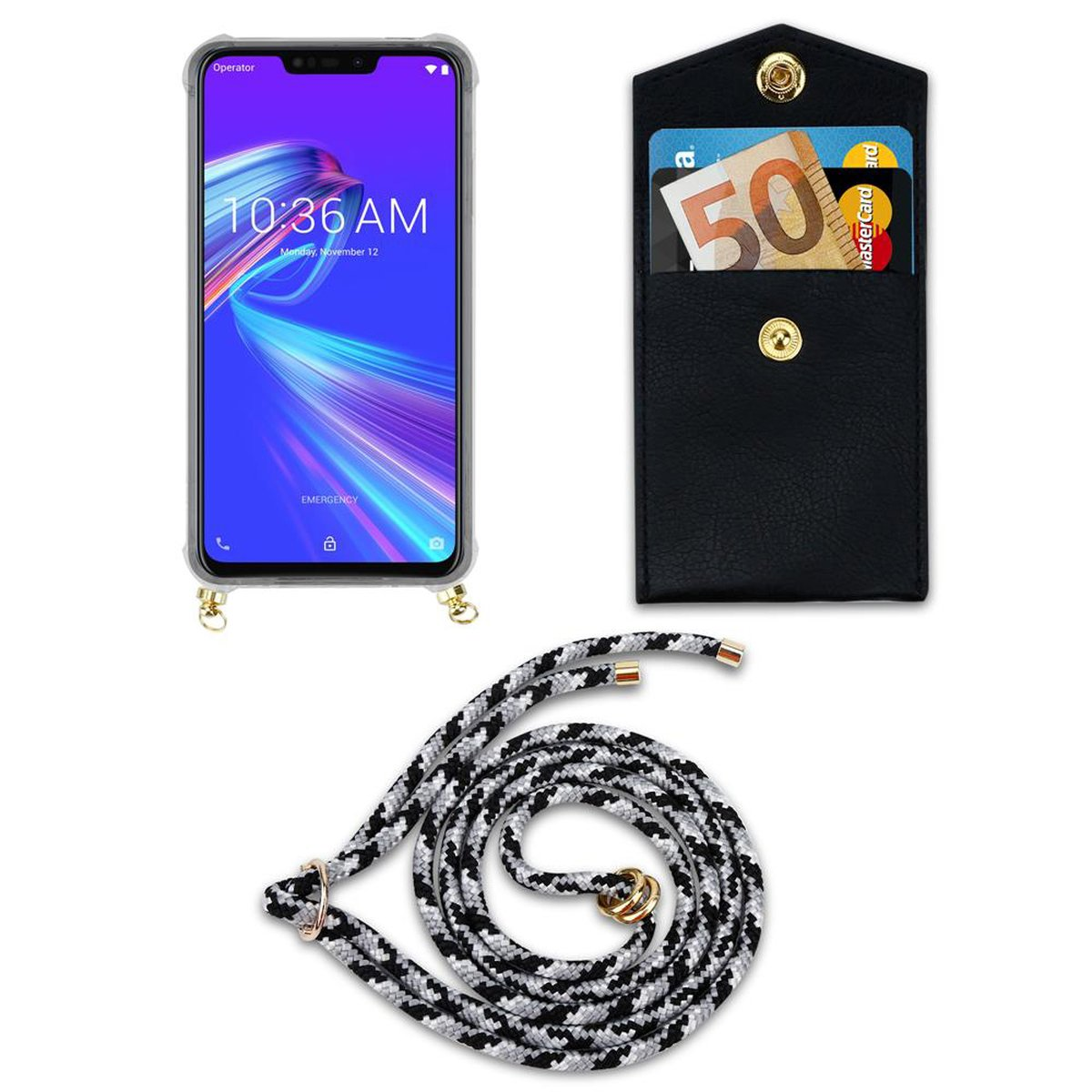 CADORABO Handy Kette mit Hülle, Gold MAX Kordel CAMOUFLAGE M2, abnehmbarer Backcover, SCHWARZ Ringen, ZenFone Band Asus, und