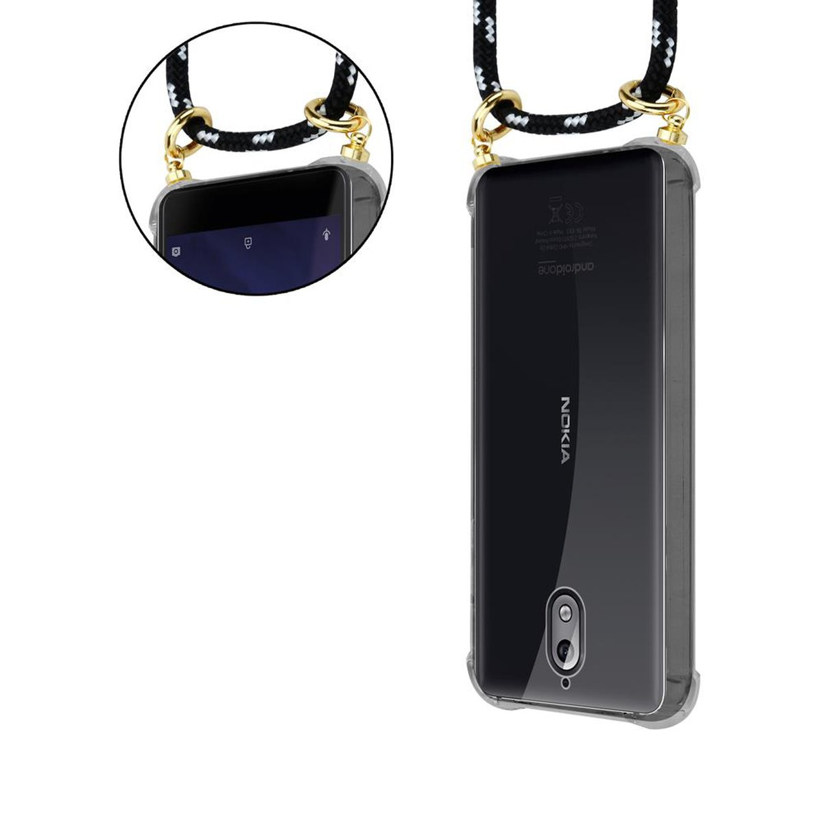 Zwei Ansichten eines Nokia-Telefons in einer transparenten Hülle mit Lanyard. Das Telefon hat eine einzelne Kamera.