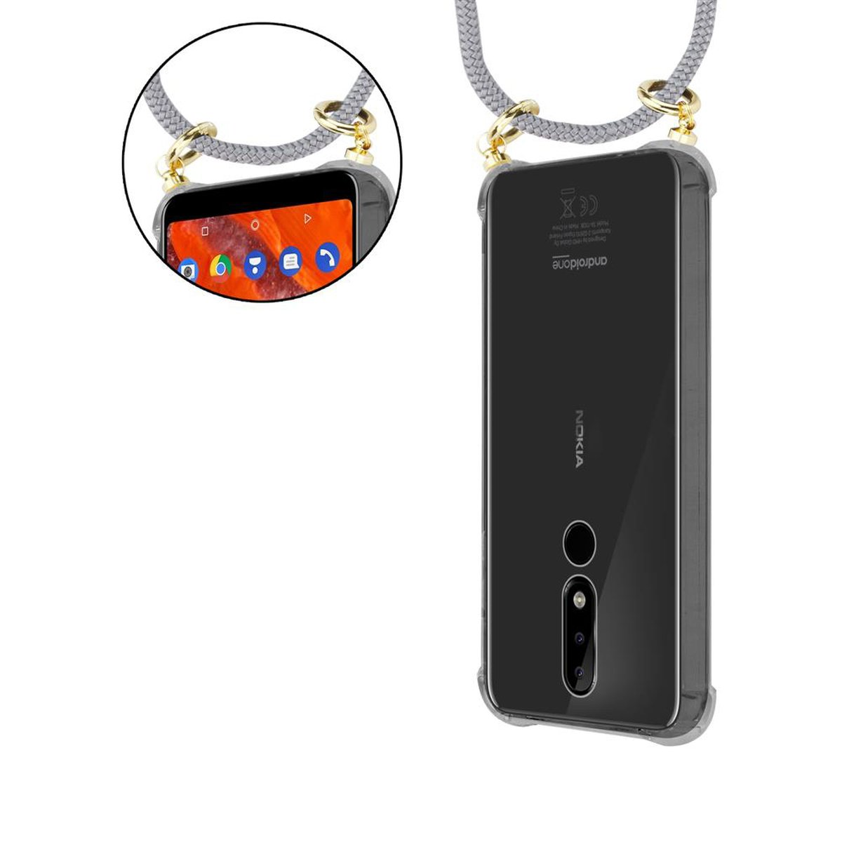 Gold Nokia, Hülle, und SILBER Band Backcover, CADORABO 3.1 Kordel Handy Ringen, PLUS, abnehmbarer Kette mit GRAU