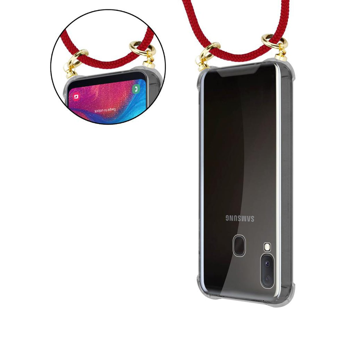 Custodia Samsung con cinturino rosso. Davanti mostra lo schermo, dietro la fotocamera e il logo.