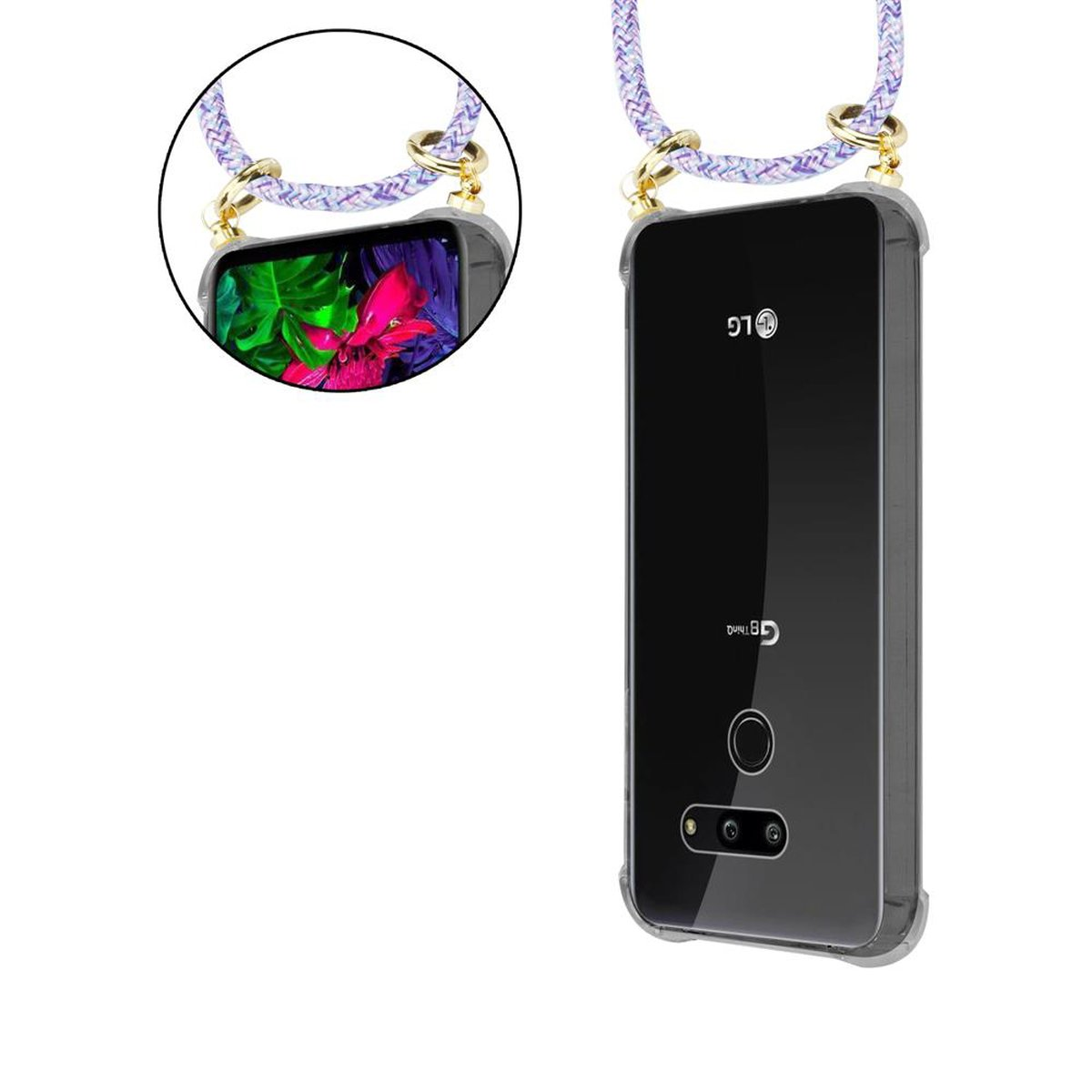 Telefon in Hülle mit Umhängeband. Lila-weißes Band, LG-Logo.