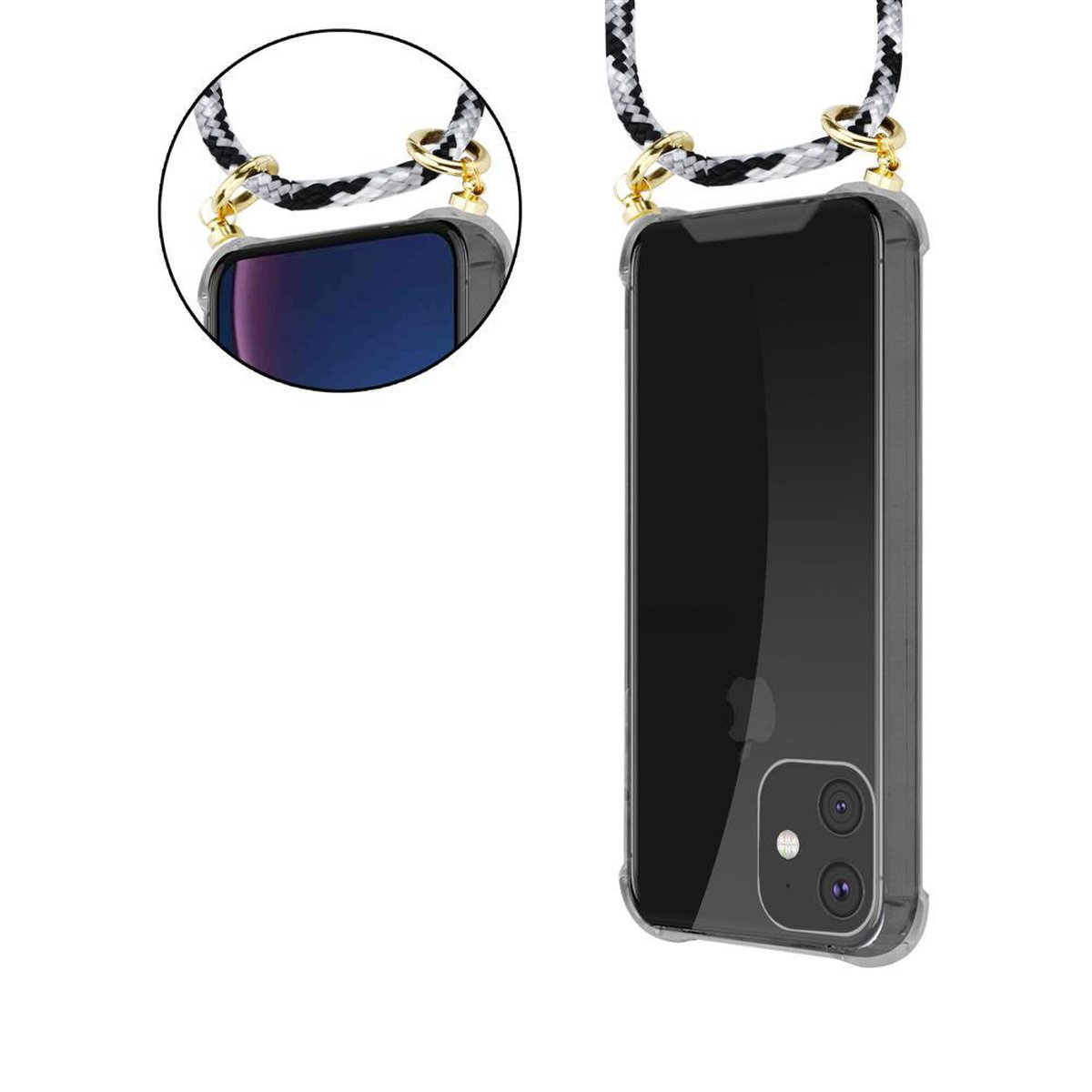 CADORABO Handy Kette SCHWARZ Backcover, mit Kordel und Apple, iPhone Hülle, Ringen, Gold Band 11, CAMOUFLAGE abnehmbarer