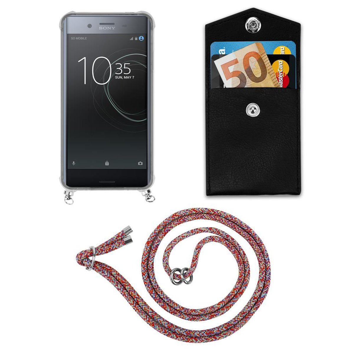 CADORABO Handy Kette mit Backcover, Xperia Silber Sony, XZ Hülle, Kordel Band abnehmbarer XZs, und PARROT / Ringen, COLORFUL