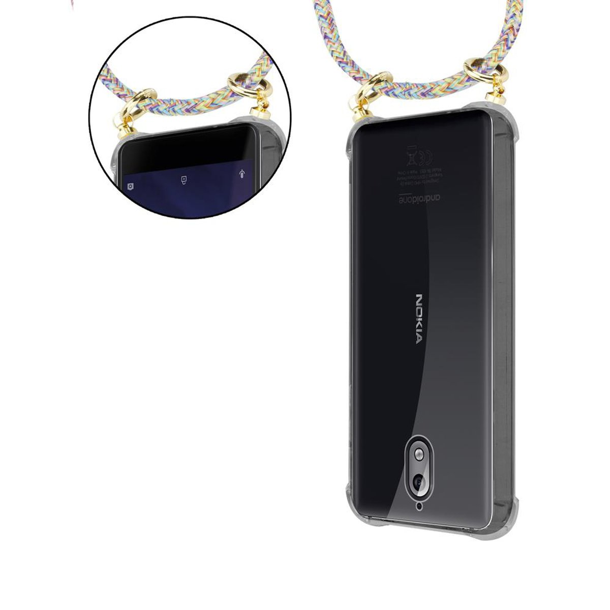 Nokia-Telefon in einer transparenten Hülle mit Lanyard. Transparente Hülle, mehrfarbiges Lanyard.