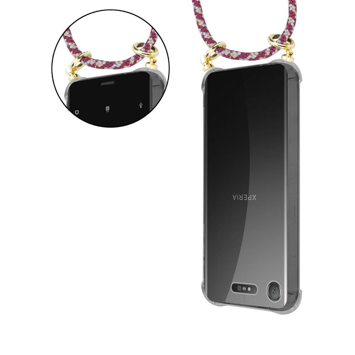 Sony, WEIß ROT Band Hülle, Xperia XZ1, Ringen, und Kette GELB Kordel mit Gold Handy abnehmbarer Backcover, CADORABO