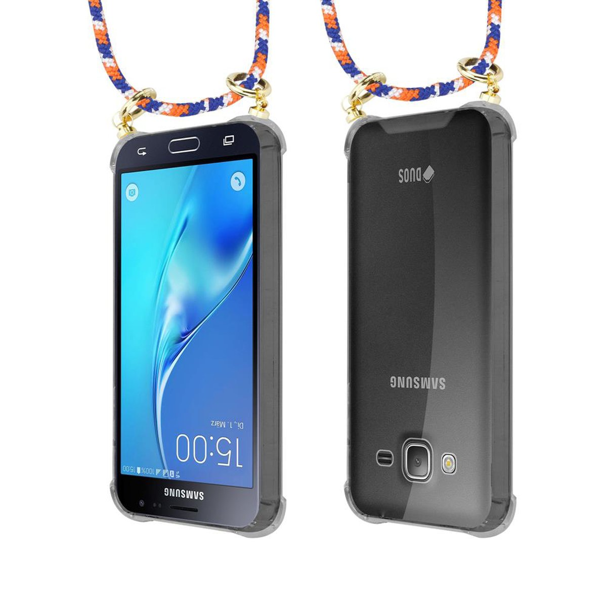 CADORABO Handy Kette Kordel Backcover, J3 Galaxy WEIß BLAU Band ORANGE 2016, und Hülle, Gold Ringen, mit Samsung, abnehmbarer