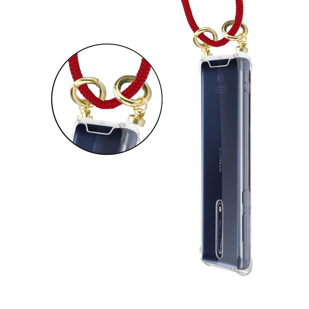 Nokia-Telefon in Hülle mit rotem Lanyard. Telefon in transparenter Hülle, rotes Lanyard.