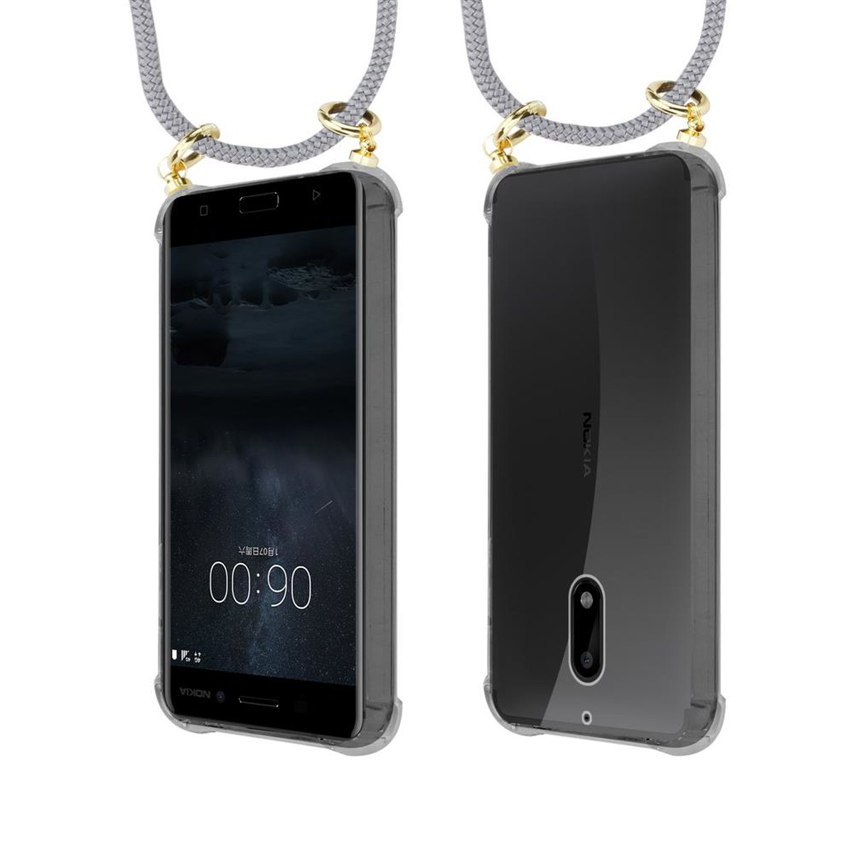Kordel 6 Kette Handy CADORABO Nokia, Band Backcover, SILBER und mit Gold abnehmbarer 2017, Ringen, GRAU Hülle,
