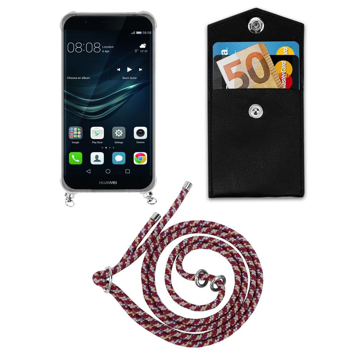 CADORABO Handy Kette mit Silber Hülle, Huawei, Band abnehmbarer GELB Ringen, Backcover, Kordel P9, WEIß ROT und