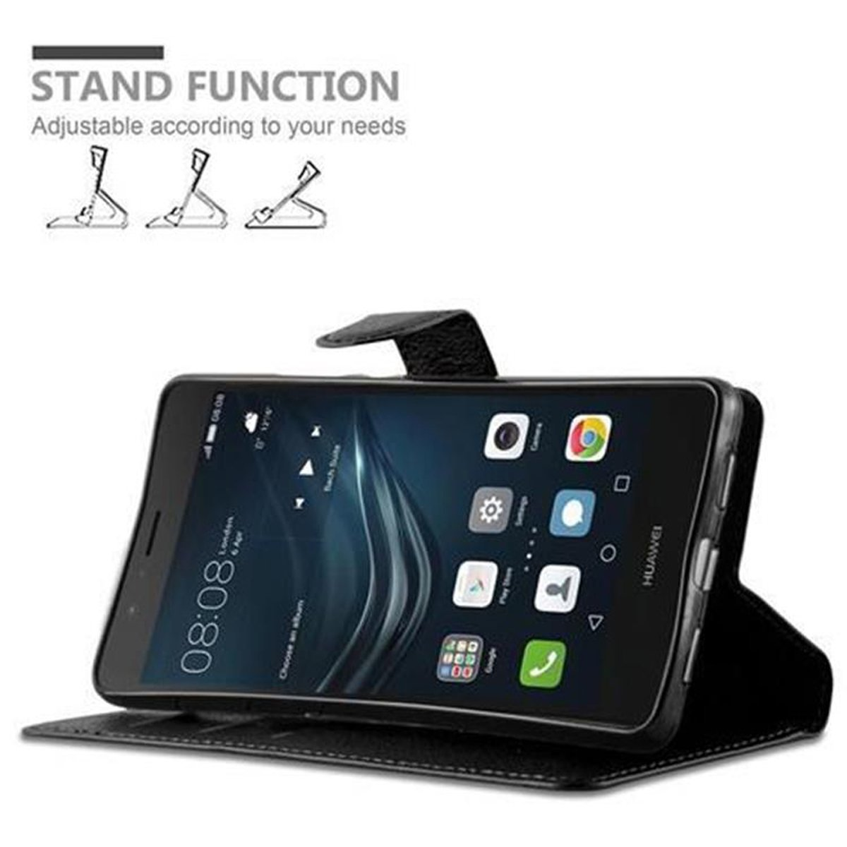 Telefon in einem Case mit Standfunktion, geöffnet, zeigt den Bildschirm mit Apps.