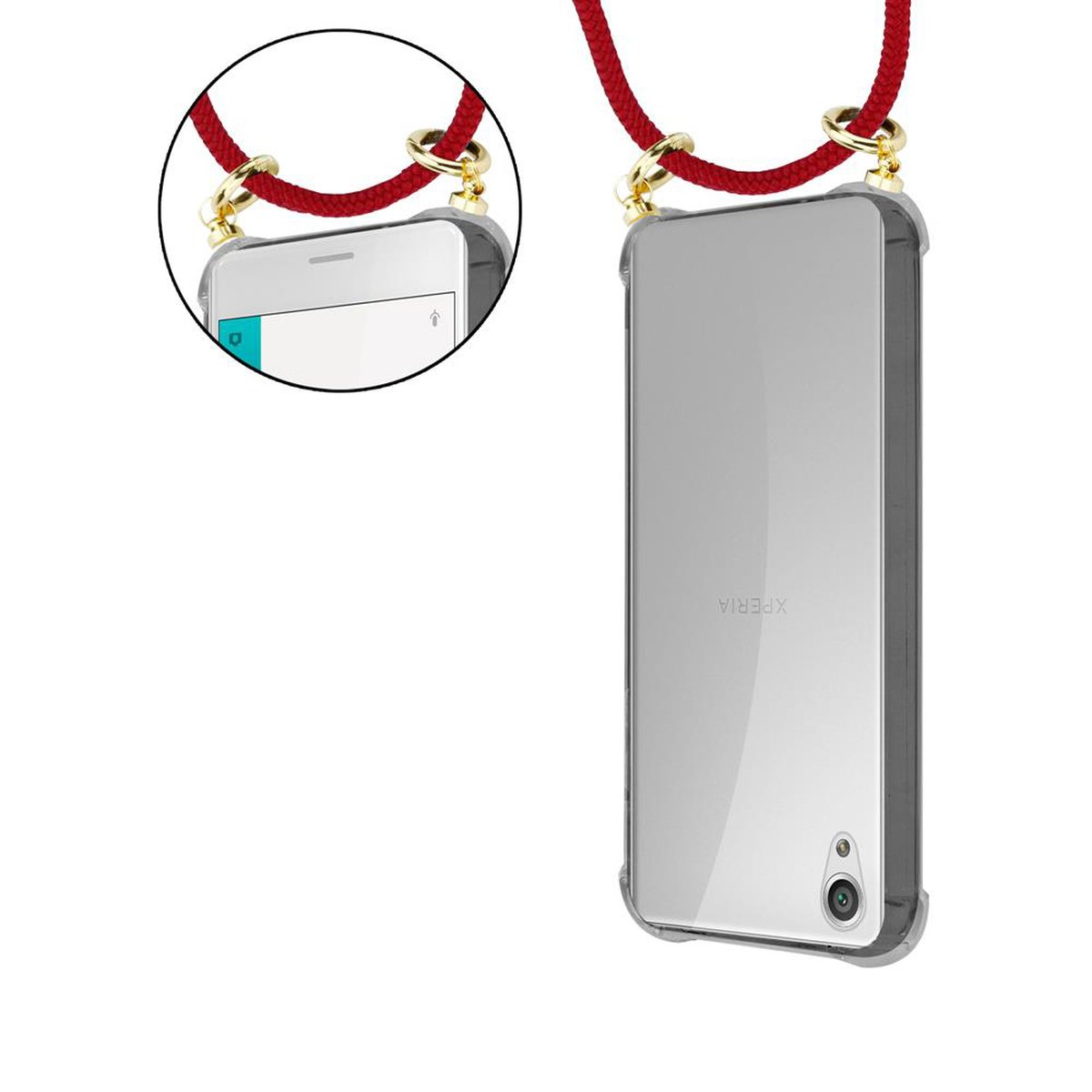 Ein Telefon in einer Hülle mit rotem Schlüsselband. Das Telefon ist silberfarben mit einem Bildschirm. Das Schlüsselband hat goldene Aufsätze.