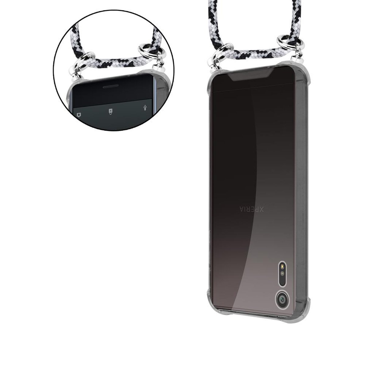 Due telefoni con un cordino bianco e nero. I telefoni hanno una custodia grigia.