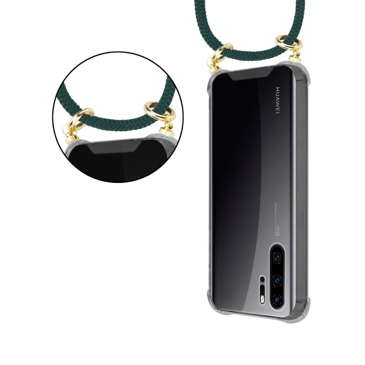 Telefono con cordino verde. Il telefono è in una custodia trasparente. Il telefono ha uno schermo. Sfondo bianco.