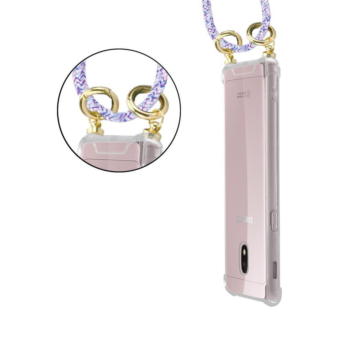 Telefono rosa con custodia e corda lilla. Primo piano della corda e del telefono.