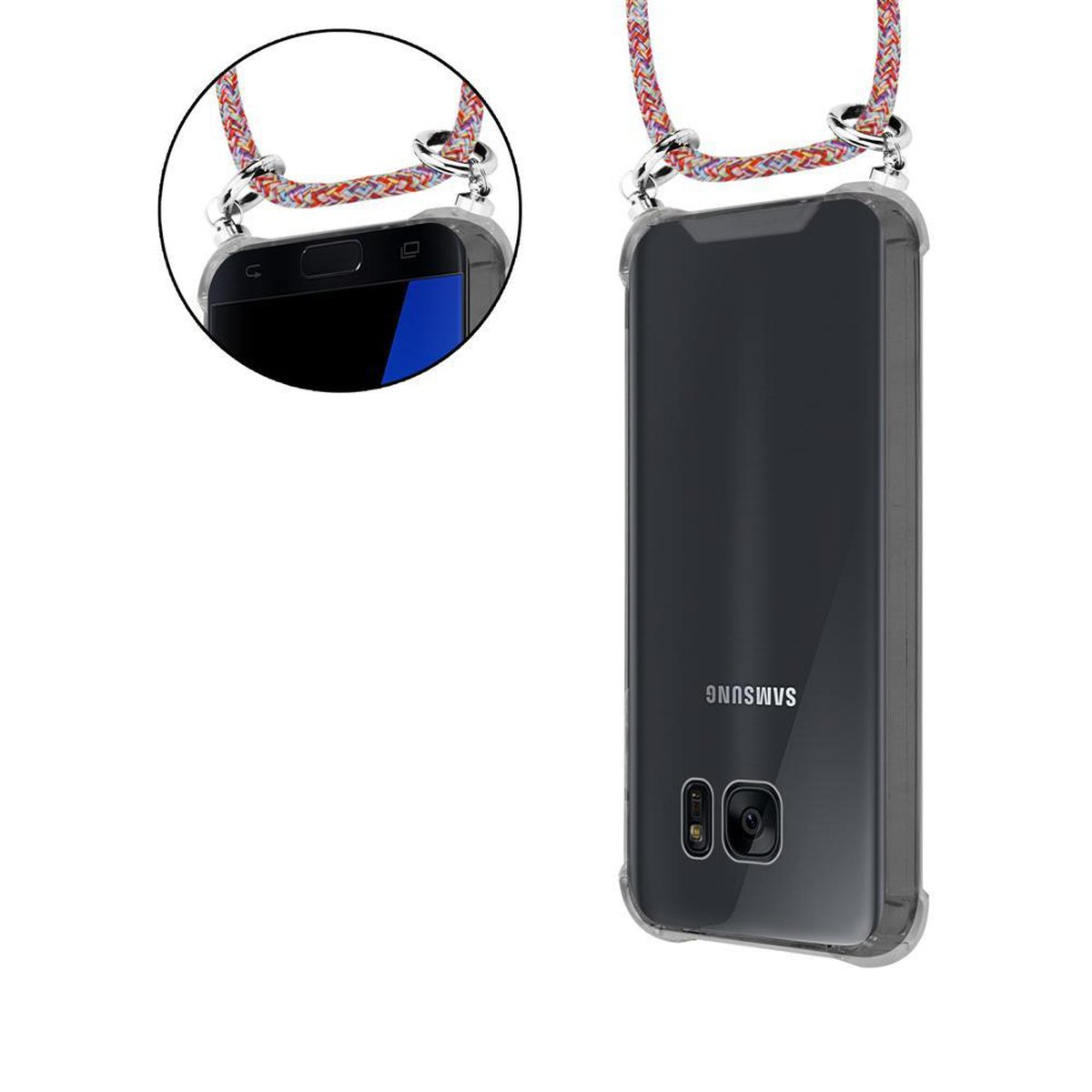 Handy CADORABO Samsung, Silber abnehmbarer Kordel Backcover, Ringen, und Hülle, mit Band Galaxy S7, Kette COLORFUL PARROT