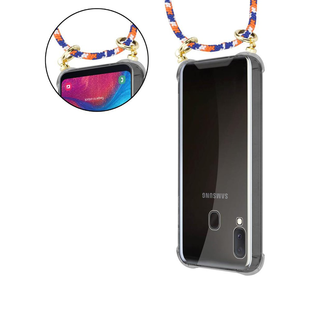Telefono in una custodia con un cordino collegato. Il telefono mostra uno schermo. Il cordino ha un motivo blu e arancione.