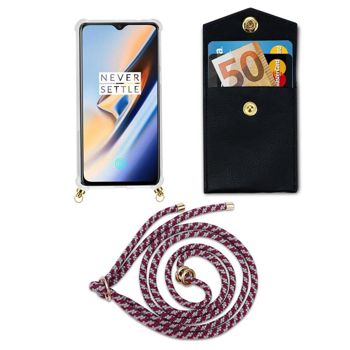 OnePlus, Handy abnehmbarer Band Hülle, CADORABO Kordel Gold Kette ROT Ringen, und Backcover, 6, WEIß mit