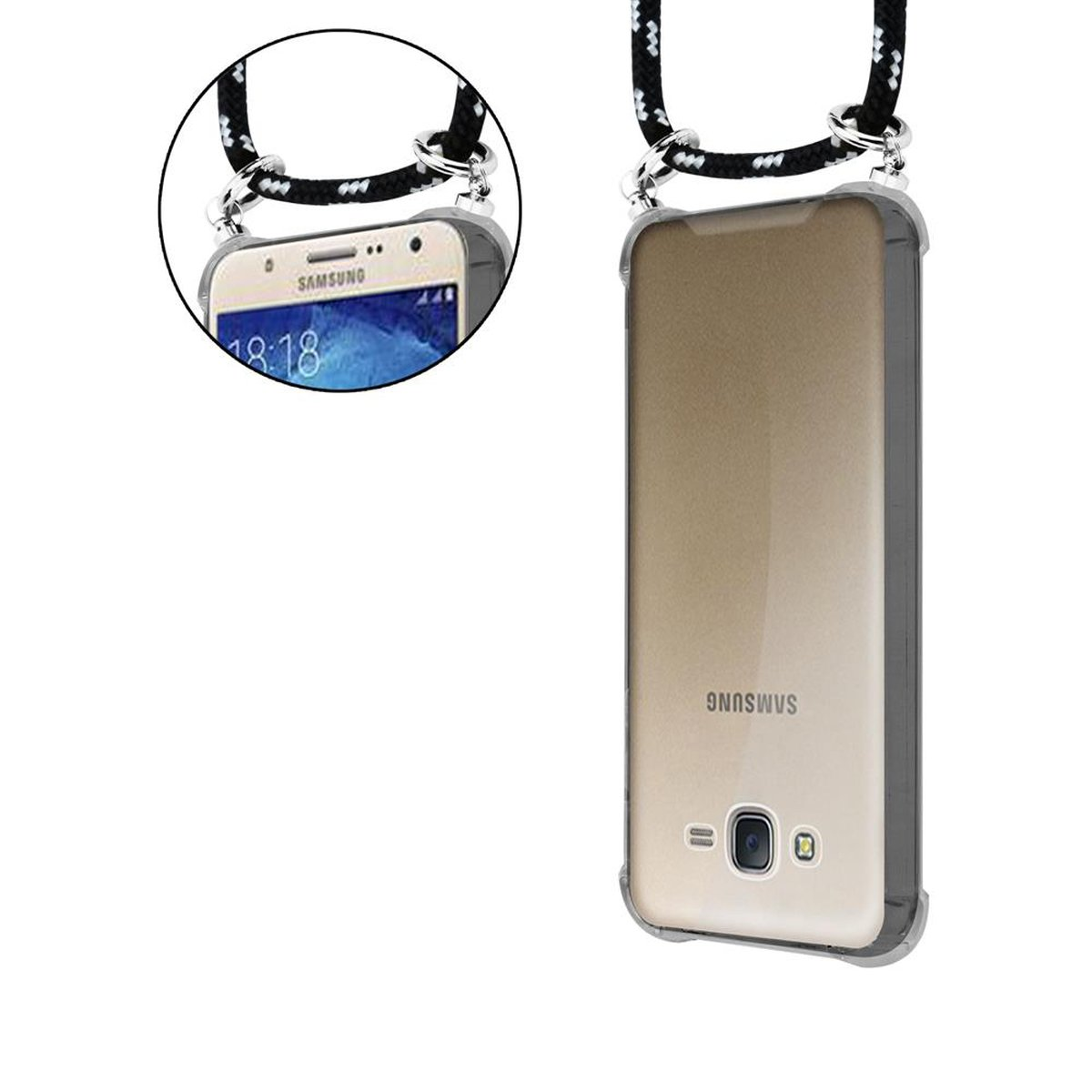 CADORABO Handy Kette mit Silber abnehmbarer Band Hülle, Ringen, J7 SILBER Backcover, Galaxy und Samsung, SCHWARZ 2015, Kordel