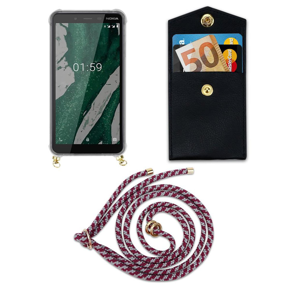 1 PLUS, mit Kordel Backcover, Ringen, abnehmbarer WEIß Nokia, Handy Band CADORABO ROT Hülle, und Gold Kette