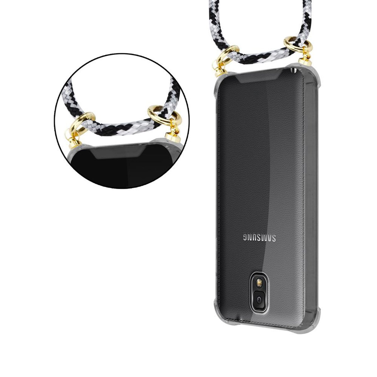 abnehmbarer Handy Ringen, Samsung, Kette Hülle, NOTE mit Gold Backcover, CADORABO Band SCHWARZ und CAMOUFLAGE 3, Kordel Galaxy