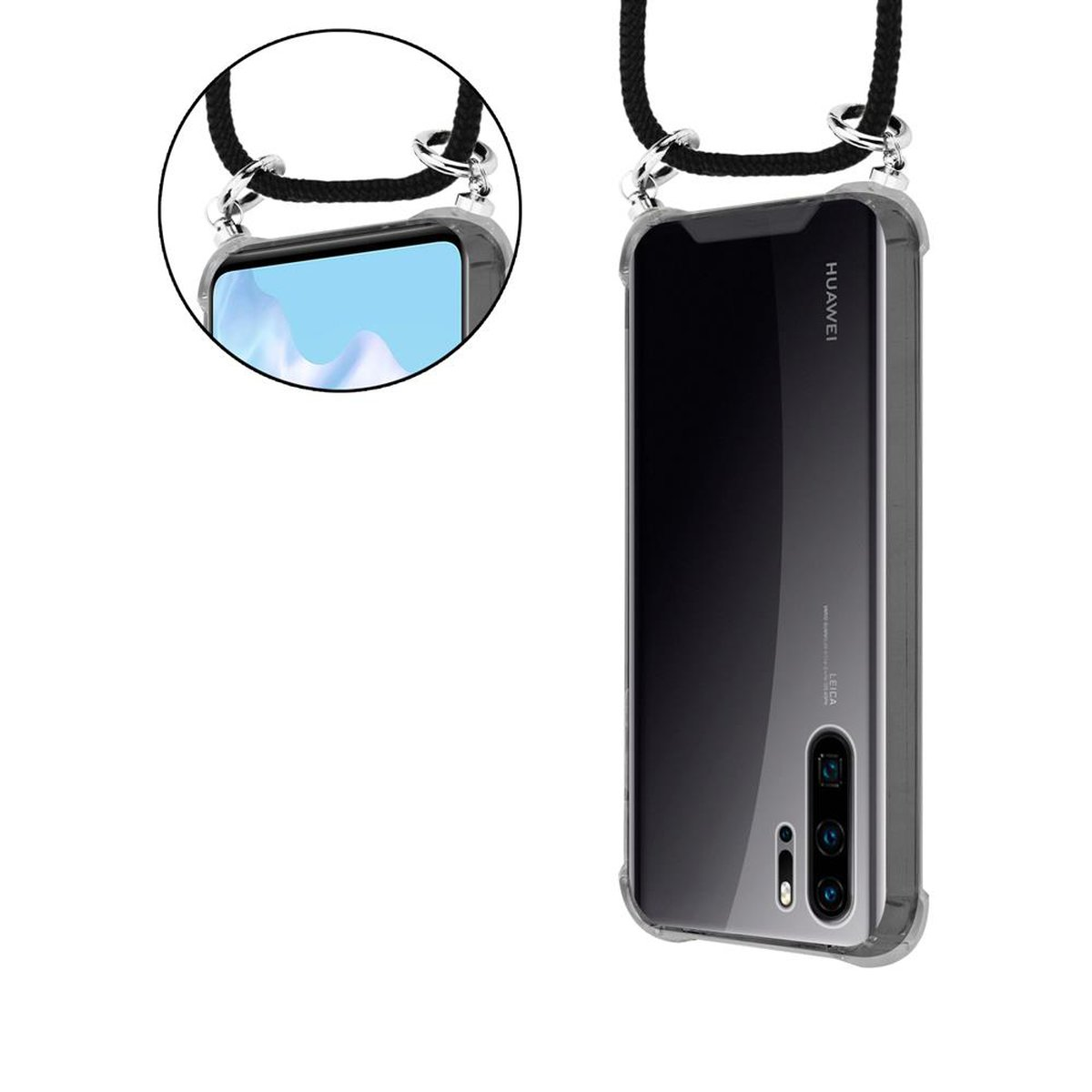CADORABO Handy Kette mit PRO, Ringen, Hülle, Kordel abnehmbarer Band Silber P30 SCHWARZ Backcover, und Huawei