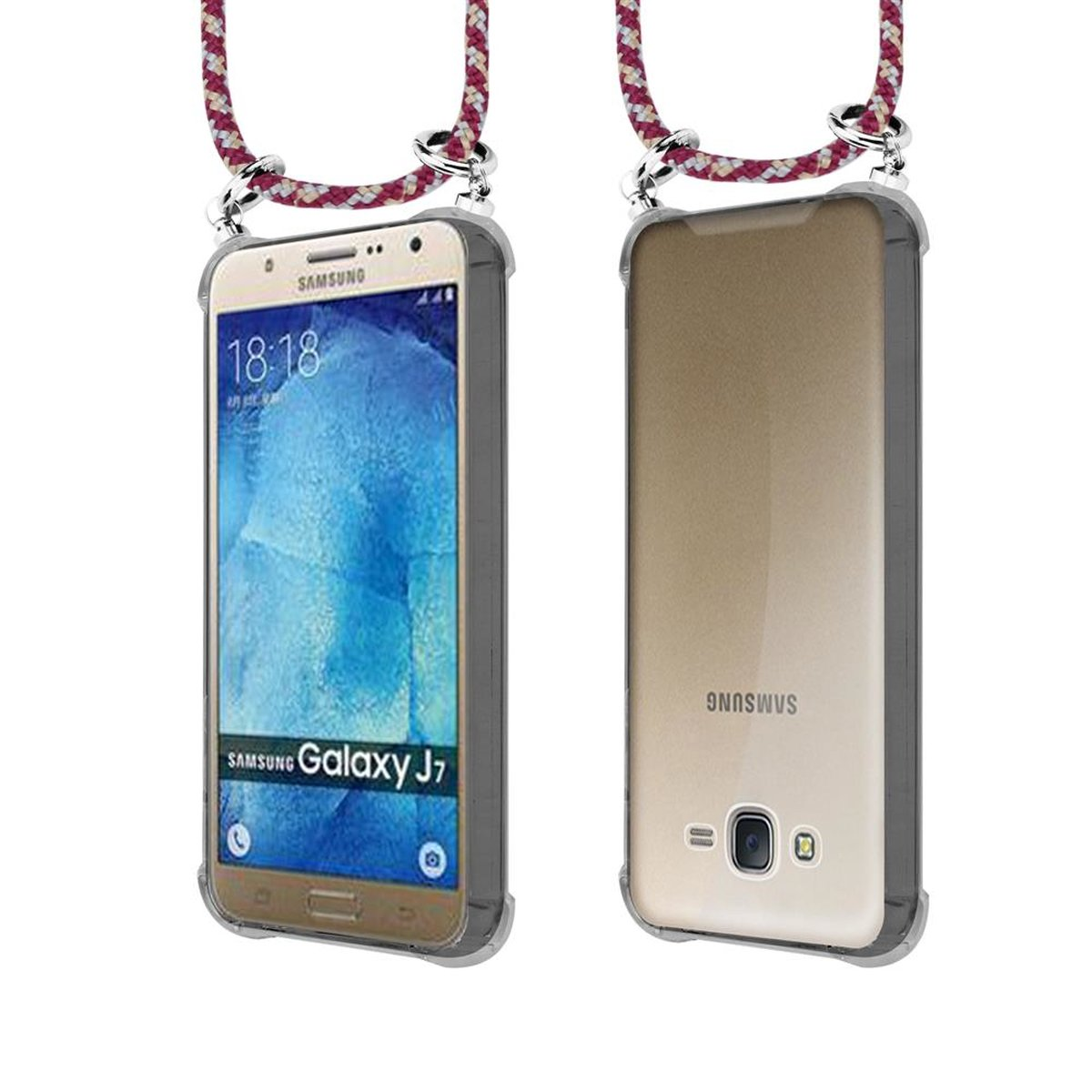 CADORABO Handy Kette mit Backcover, J7 Ringen, WEIß GELB und Silber Kordel ROT Galaxy 2015, Band Samsung, abnehmbarer Hülle