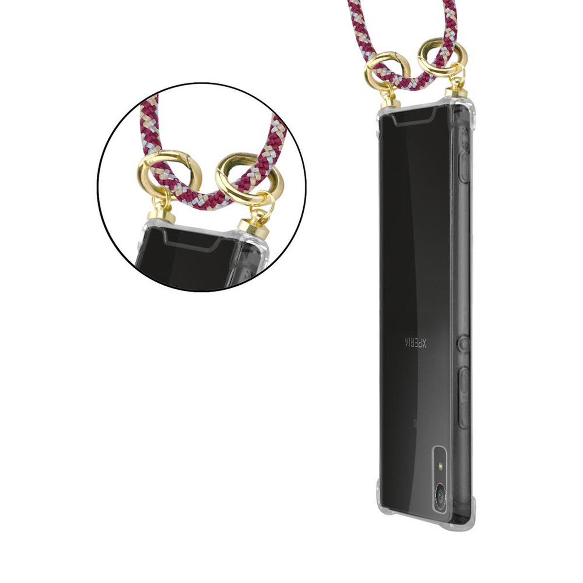 Telefon in einer transparenten Hülle mit Lanyard. Das Telefon wird von der Seite betrachtet.