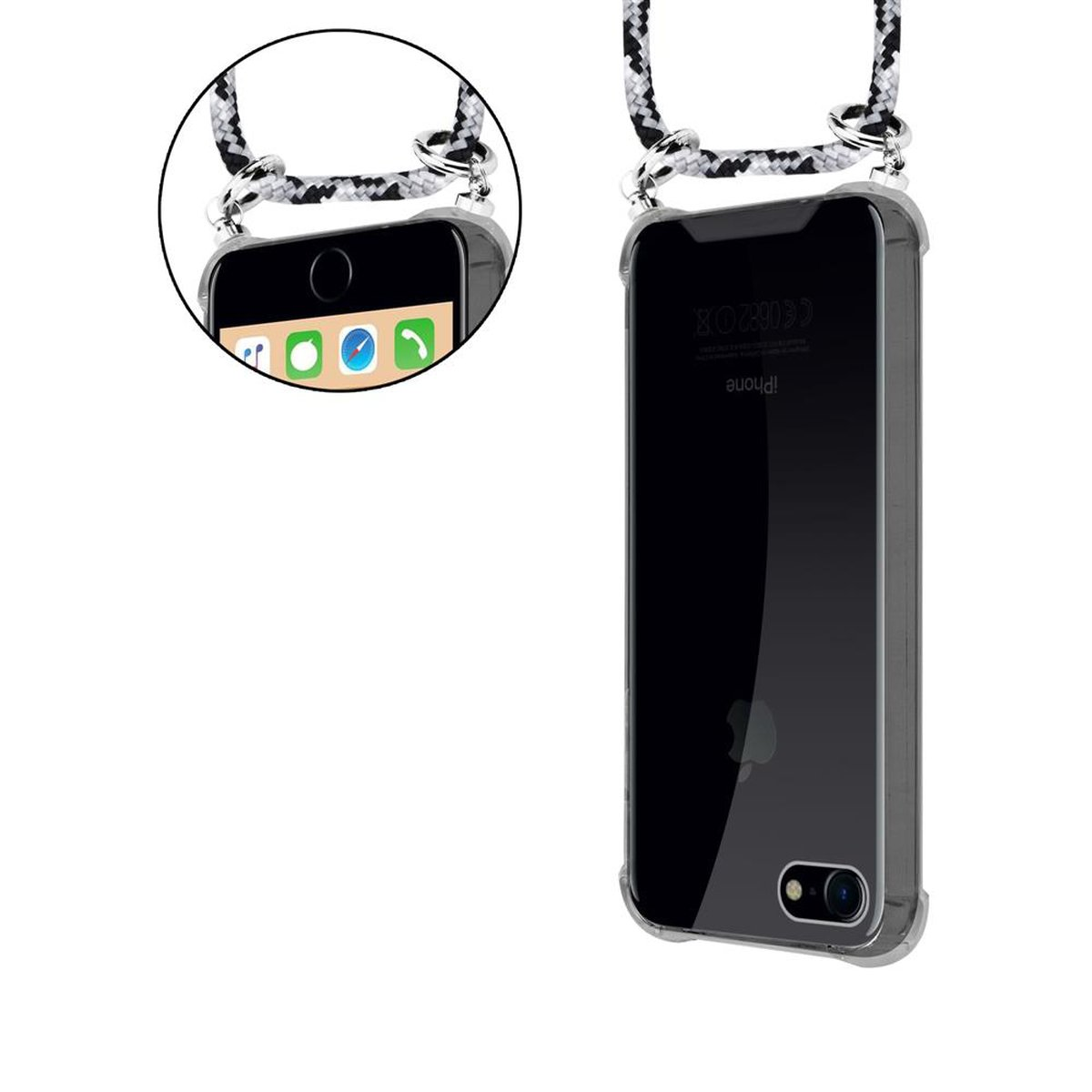 Un iPhone in una custodia trasparente con un cordino. Mostra il retro e l'interfaccia dello schermo.