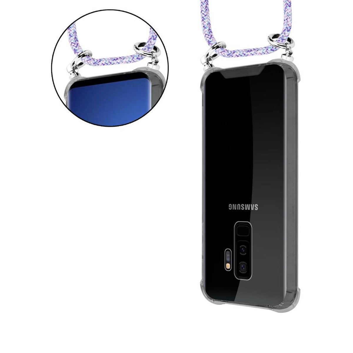 Telefono in una custodia con cordino. Il telefono è sul lato destro, il retro rivolto verso la fotocamera. Il cordino è viola, bianco e blu.