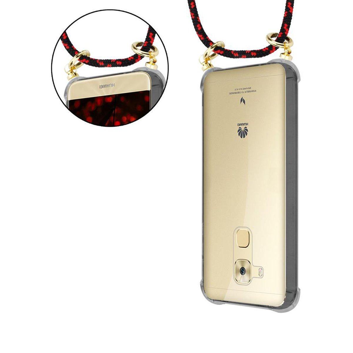 Telefono in custodia con cinturino rosso e nero. Sfondo bianco.