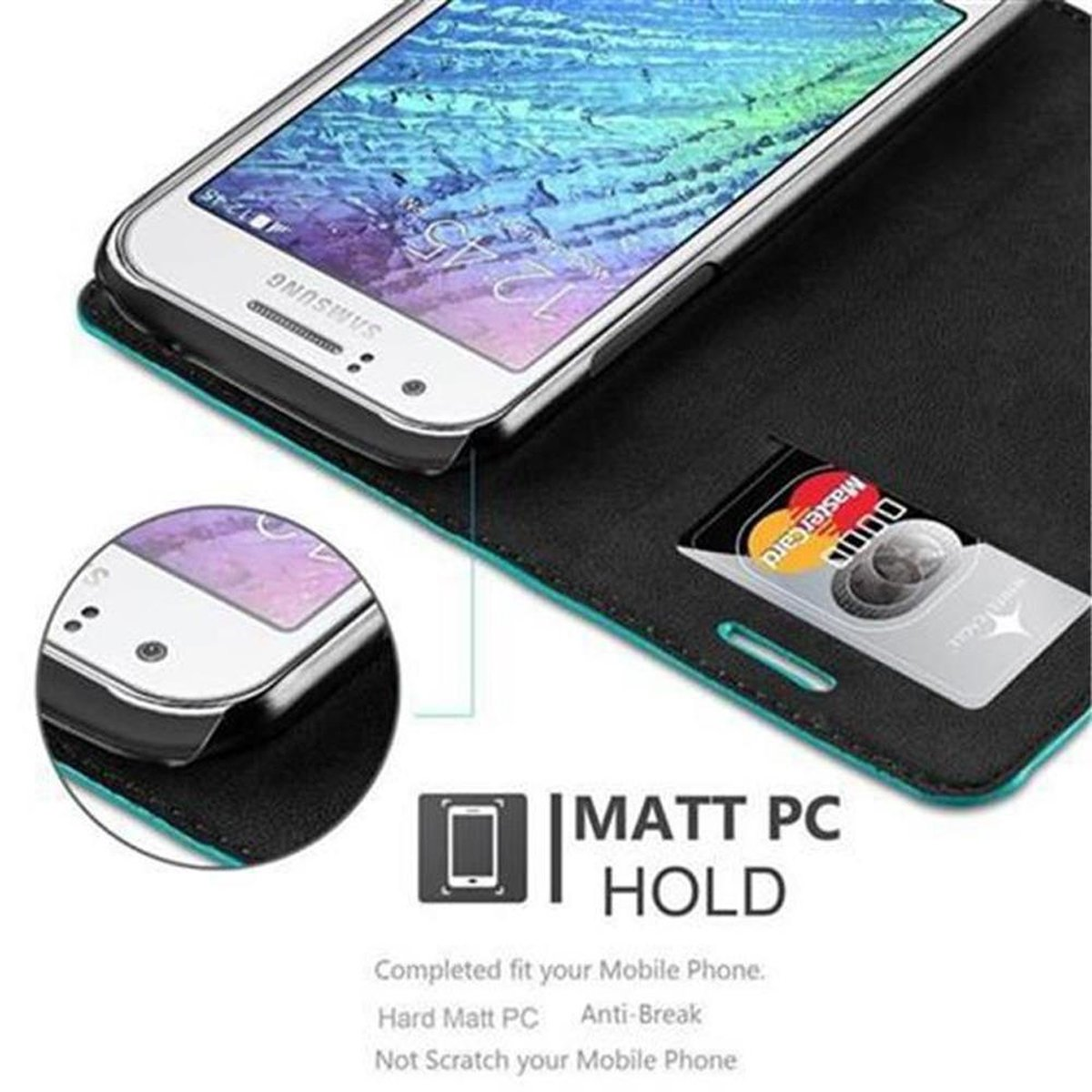 Un telefono in una custodia, appoggiato su una superficie, con una carta di credito. Testo: MATT PC HOLD.