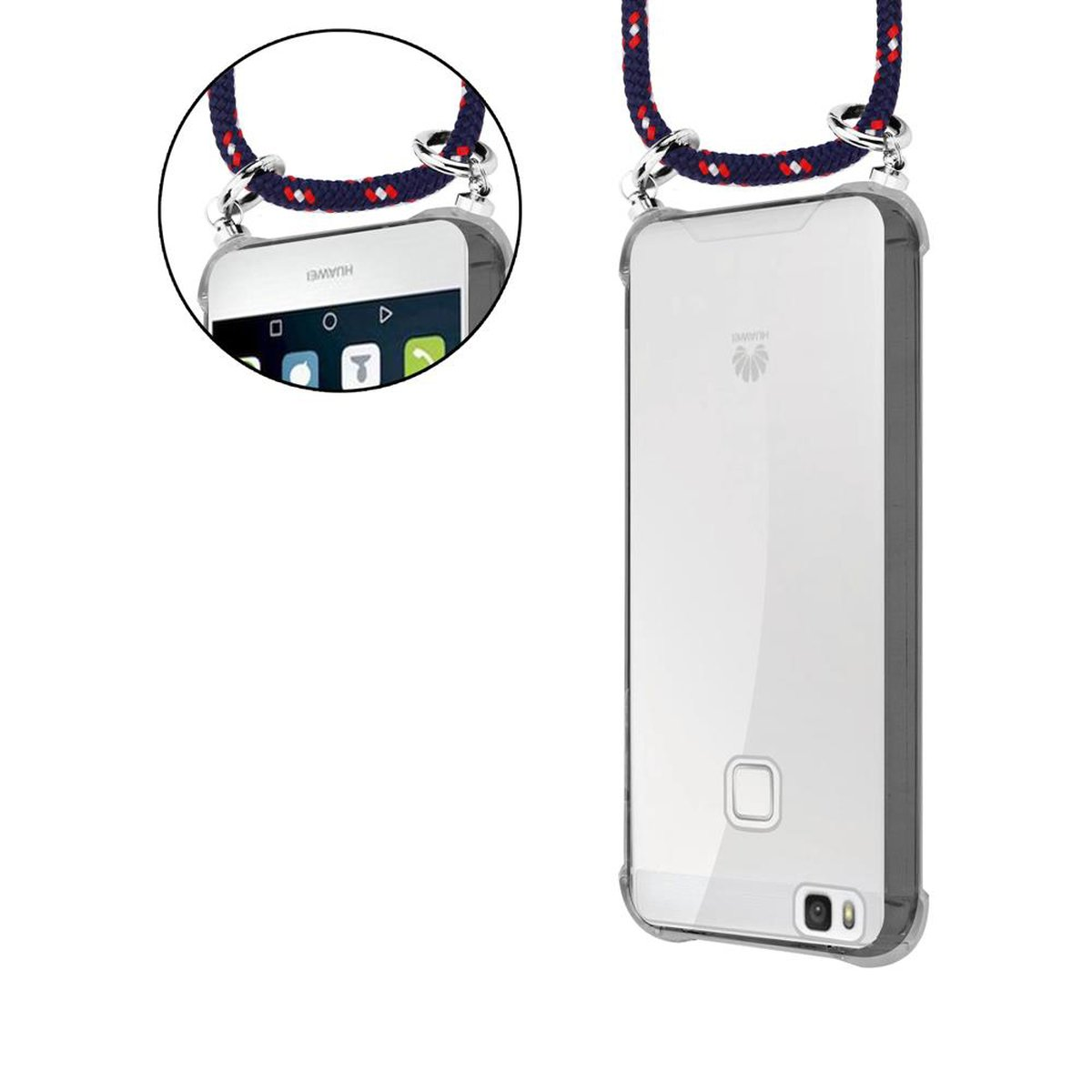 Un telefono in una custodia trasparente con un cordino blu e bianco, su sfondo bianco.