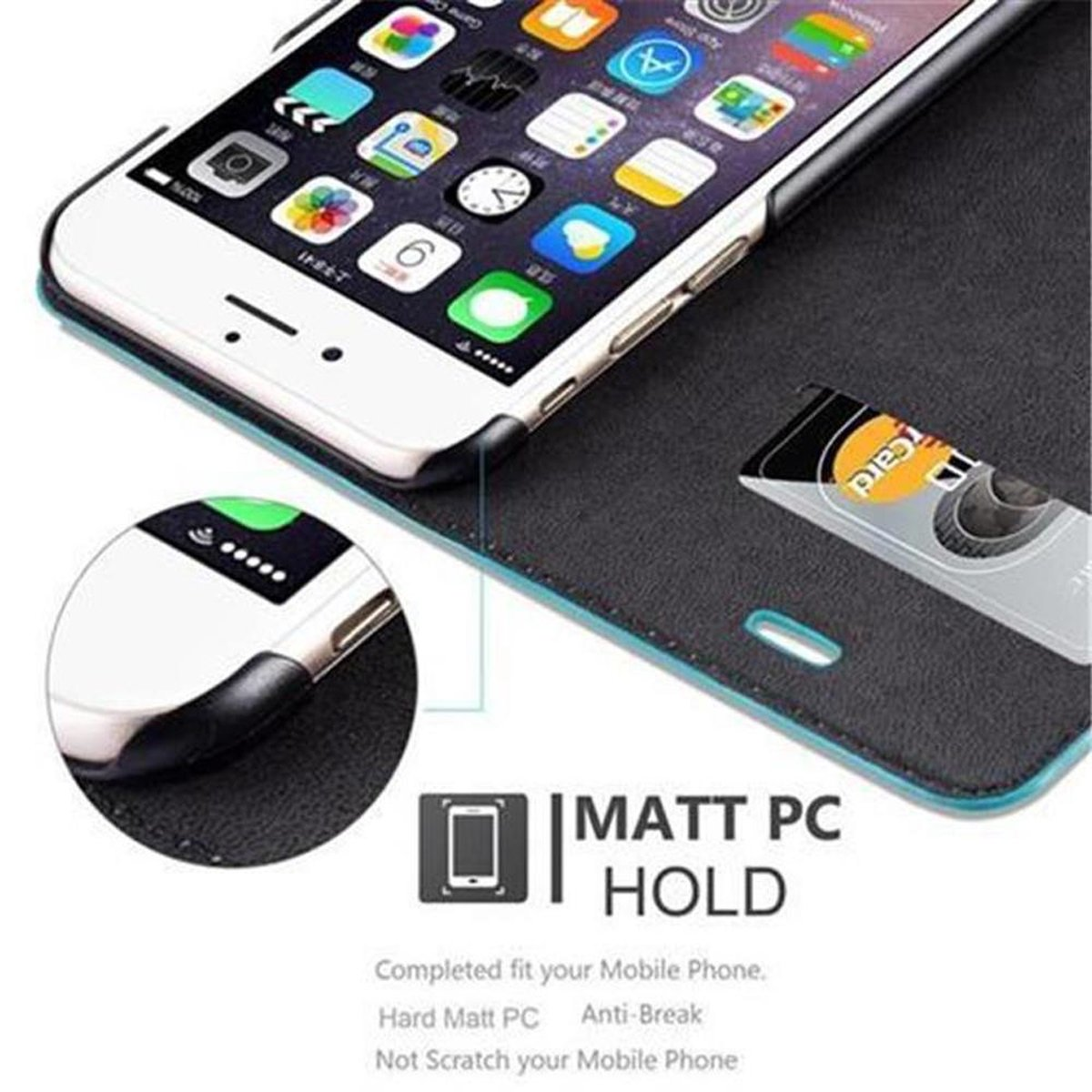 Primo piano di un telefono bianco all'interno di una custodia nera. La custodia ha uno slot per carte con una carta all'interno.