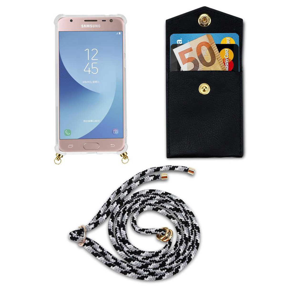 CADORABO Handy 2017, Hülle, mit Backcover, Galaxy Band und SCHWARZ J5 Samsung, CAMOUFLAGE Gold abnehmbarer Kette Ringen, Kordel