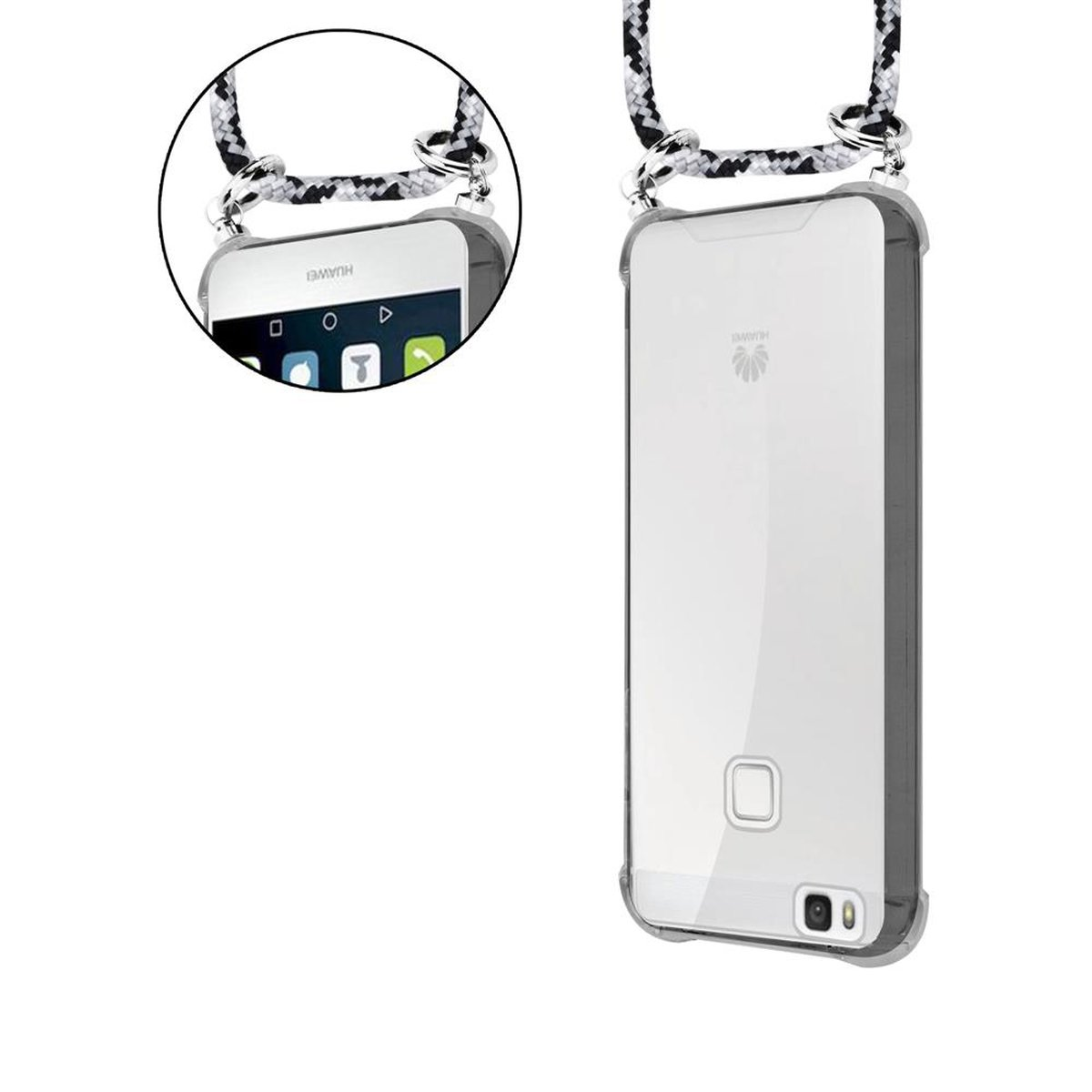 Un telefono bianco con custodia trasparente e cinturino bianco e nero. La schermata iniziale è visibile.