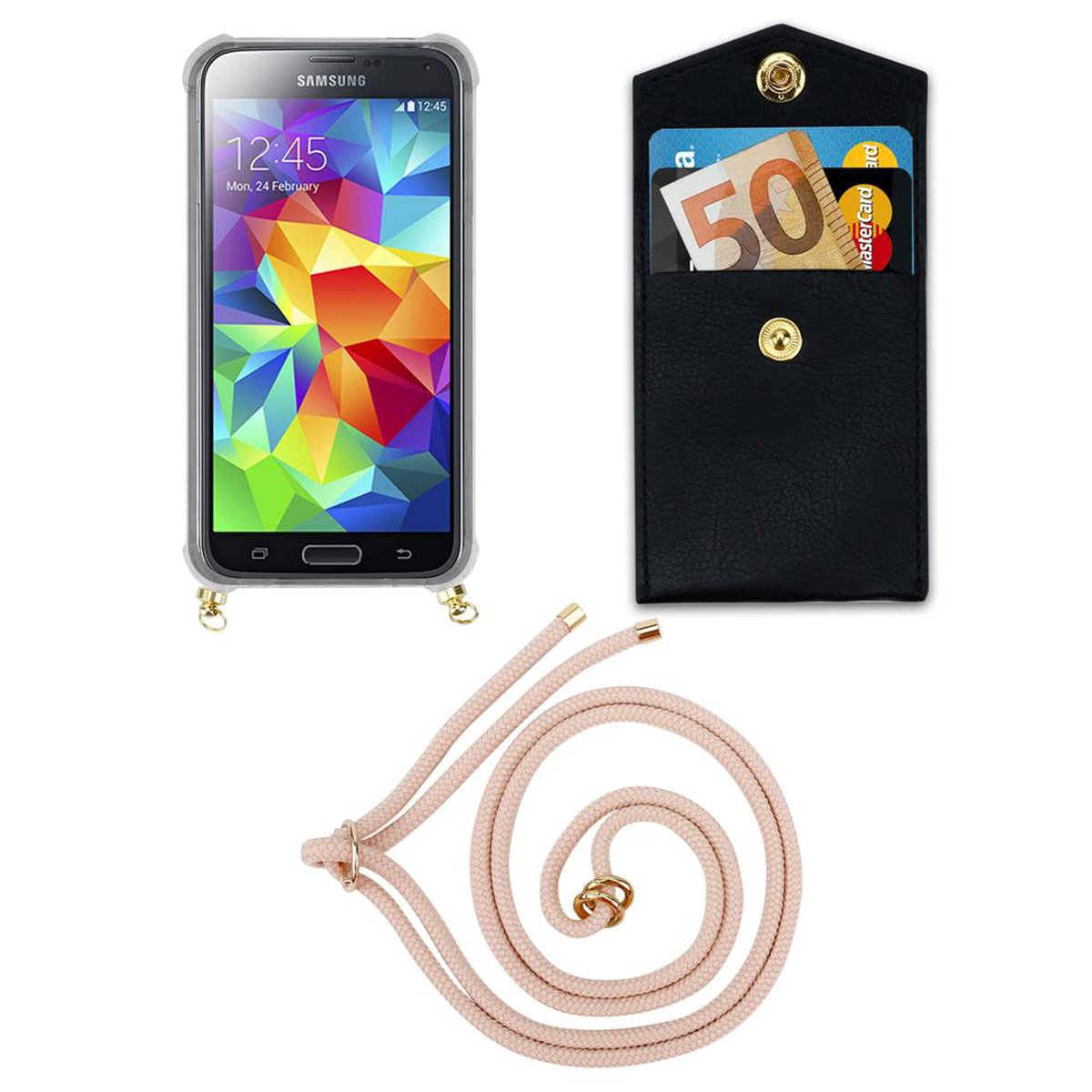 mit und Galaxy Handy Gold NEO, Kette Band abnehmbarer Hülle, ROSÉGOLD PERLIG Ringen, Samsung, / Backcover, S5 CADORABO Kordel S5