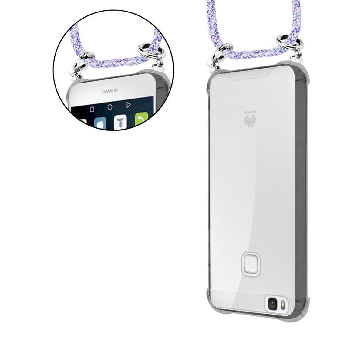 Custodia per smartphone con corda viola e dettagli argento, primo piano del telefono.