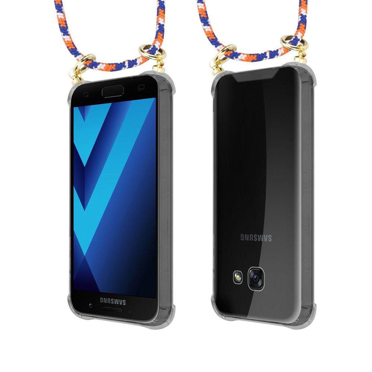 BLAU Kette abnehmbarer Backcover, 2017, mit Samsung, Gold Hülle, WEIß ORANGE Kordel Band A3 Galaxy und Handy CADORABO Ringen,