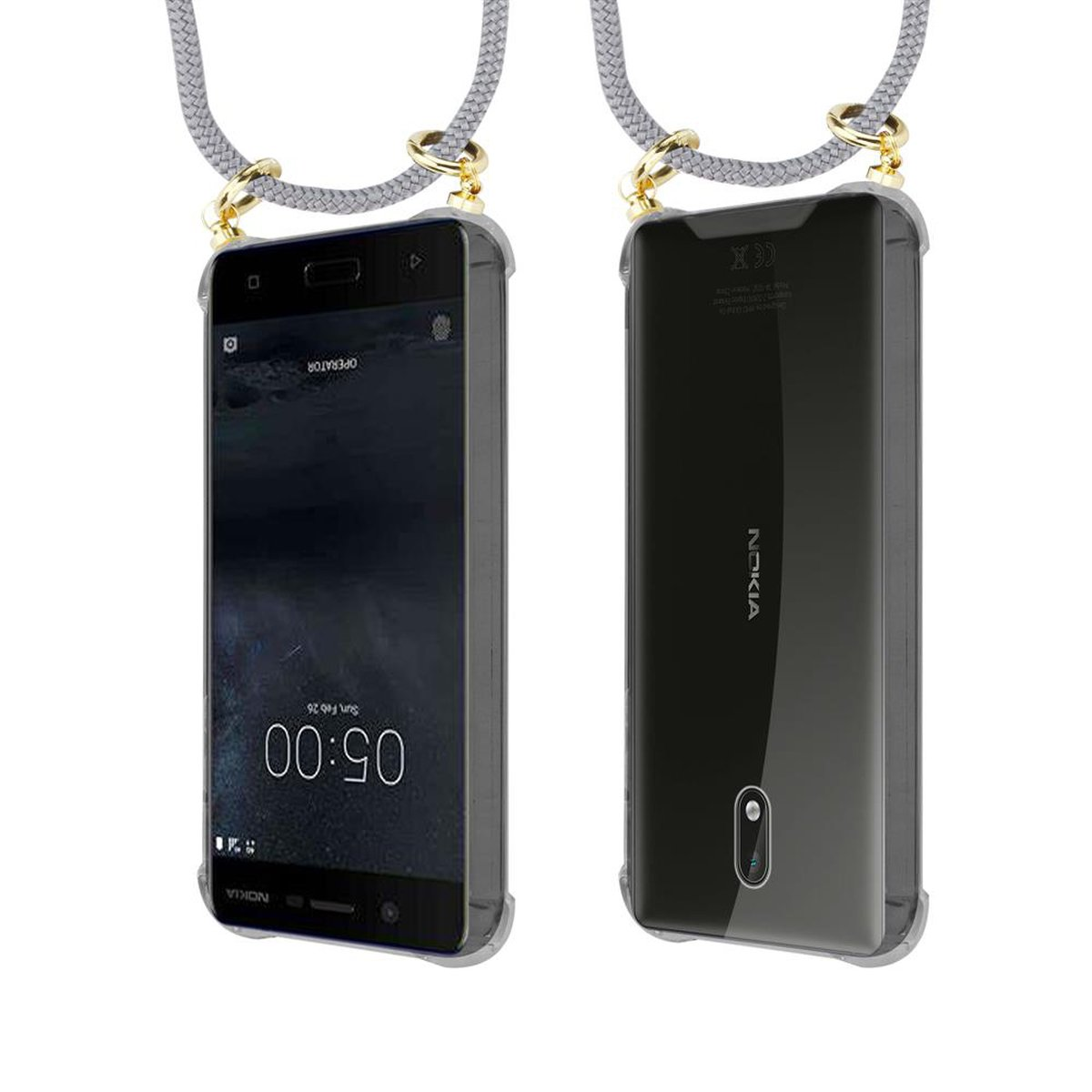 Kordel GRAU Backcover, Band Nokia, Handy und Kette abnehmbarer Ringen, Hülle, SILBER mit 3 CADORABO Gold 2017,