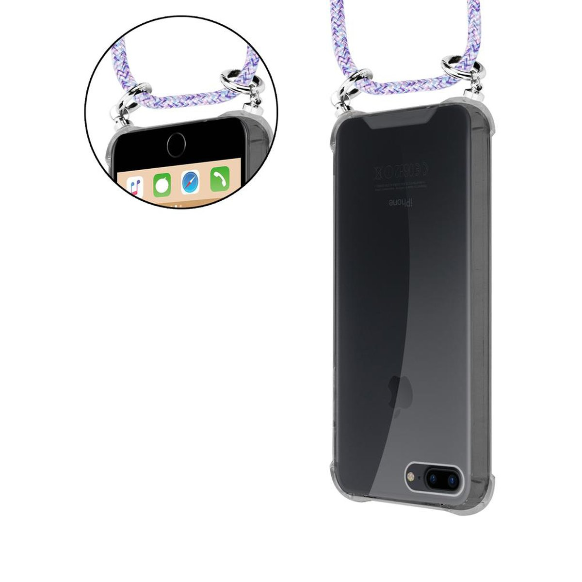 Telefono con cordino viola e bianco. Il telefono è in una custodia trasparente. Lo schermo mostra le icone.