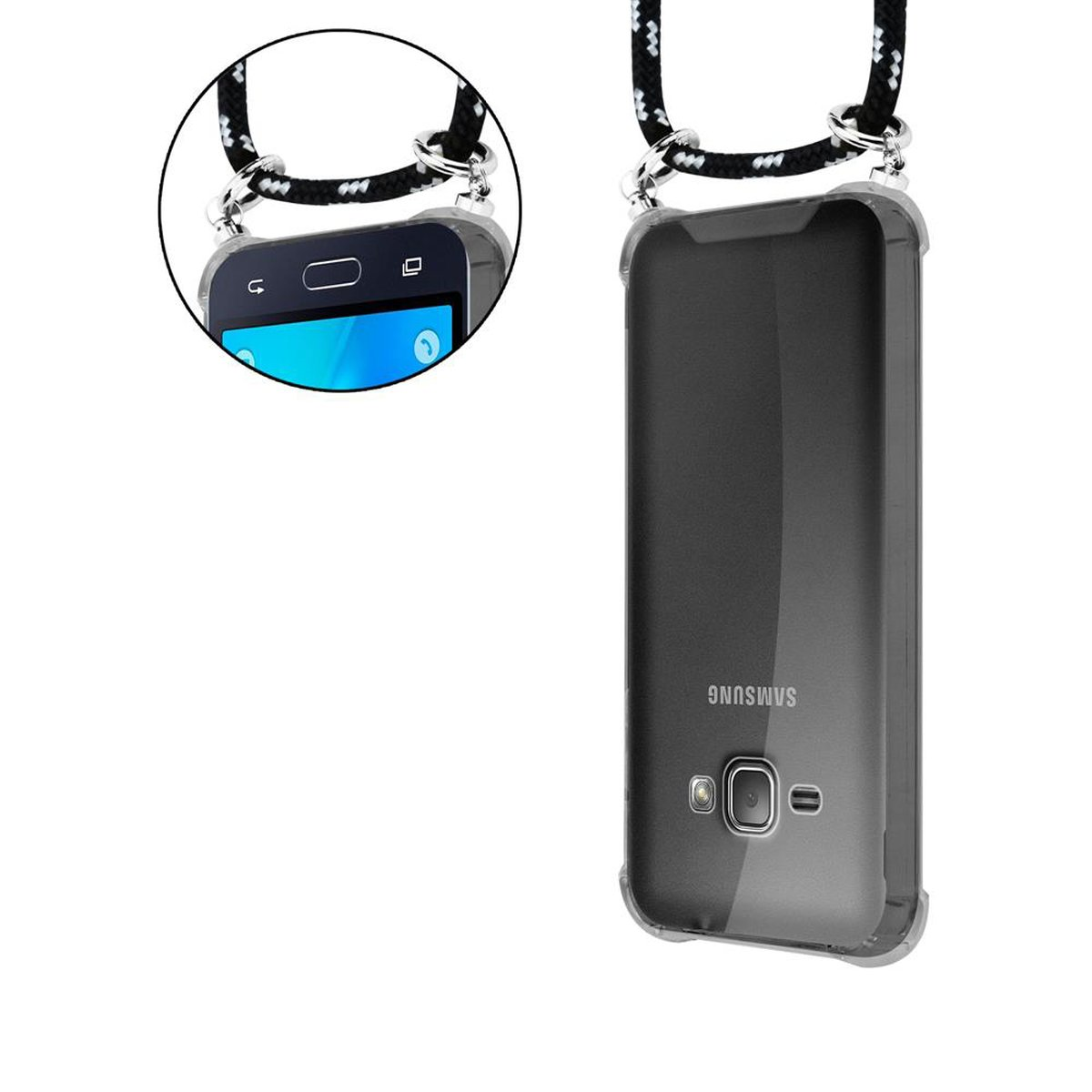 Ringen, Kordel Silber mit Hülle, SCHWARZ Backcover, Kette und abnehmbarer Band Samsung, Handy 2016, J1 Galaxy SILBER CADORABO