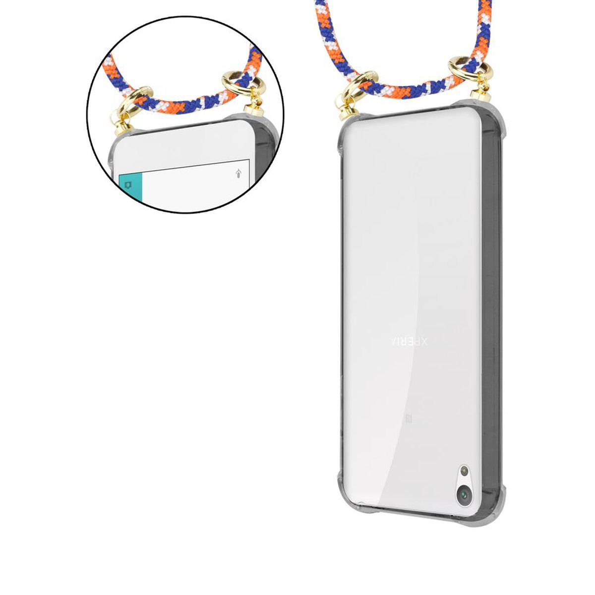 Sony Xperia-Telefon in einer durchsichtigen Hülle mit Riemen. Die Rückseite des Telefons ist sichtbar.