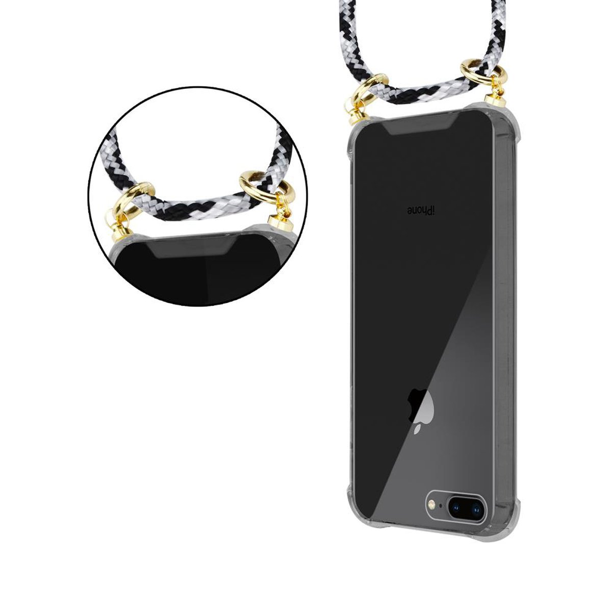 Kette und PLUS, mit abnehmbarer Handy CAMOUFLAGE Kordel Gold PLUS CADORABO Band 7 Apple, iPhone SCHWARZ PLUS / Hülle, / 8 Ringen, 7S Backcover,